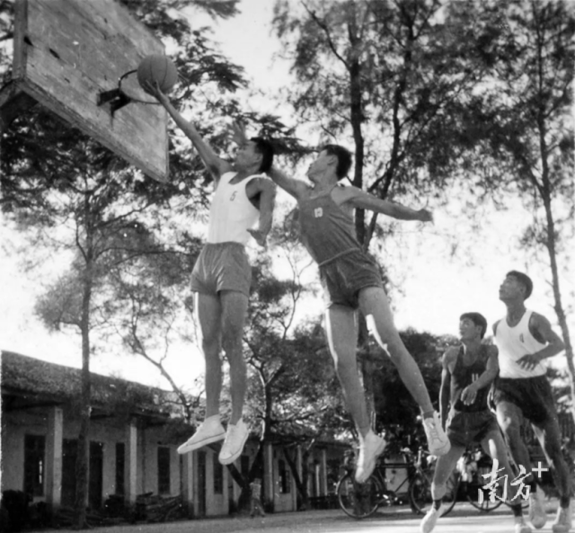 早年的大朗篮球场,木头篮球架上装着铁环篮筐。